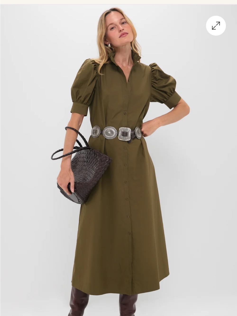 Tuckernuck Hyacinth House Puff-Sleeve Button-Front Midi in Dress in Olive